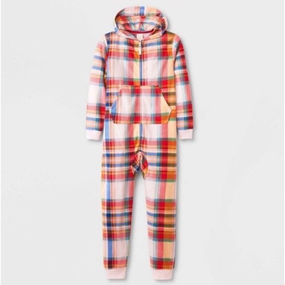 Girls Printed Union Suit Cat & Jack Pink Fleece Pajamas Romper 10 12 Pl…